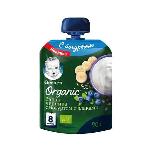 Пюре Gerber Organic Йогуртное Банан Черника Злаки 90г Дой-Пак арт. 100788464